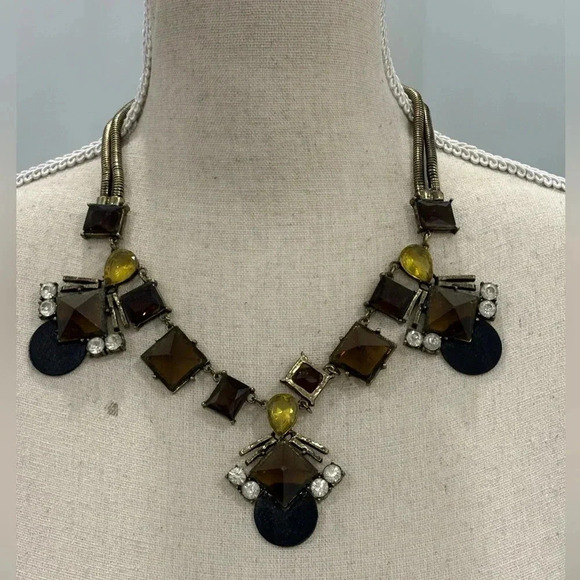 Vintage Sohi Denise gold costume statement necklace with yellow and brown stones - Picture 3 of 14